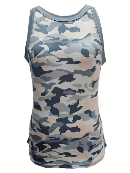 Camouflage Print Tank Top, Y2K Sleeveless Crew Neck Tank Top