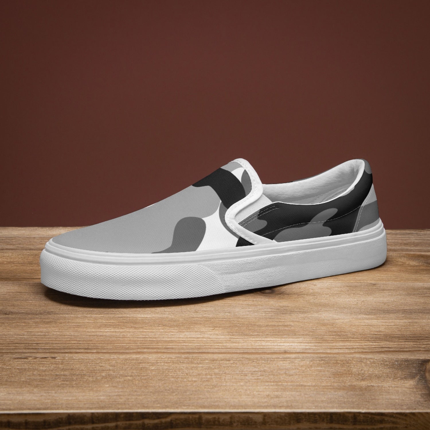 Camo Slip-On Shoes | Gray, Black, and White Camouflage