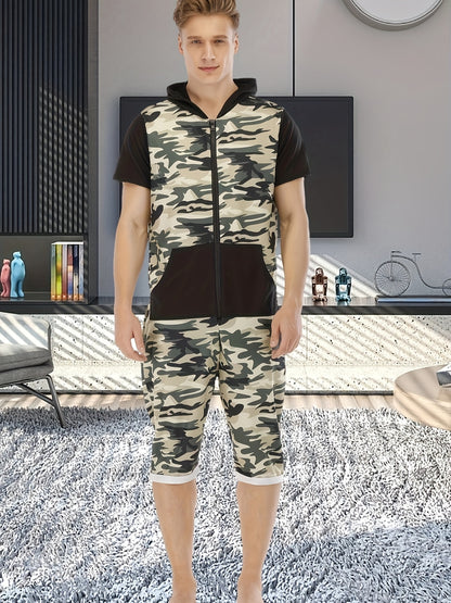 Camo Athletic Tracksuit: Men's Zip-Up One-Piece Workout Romper