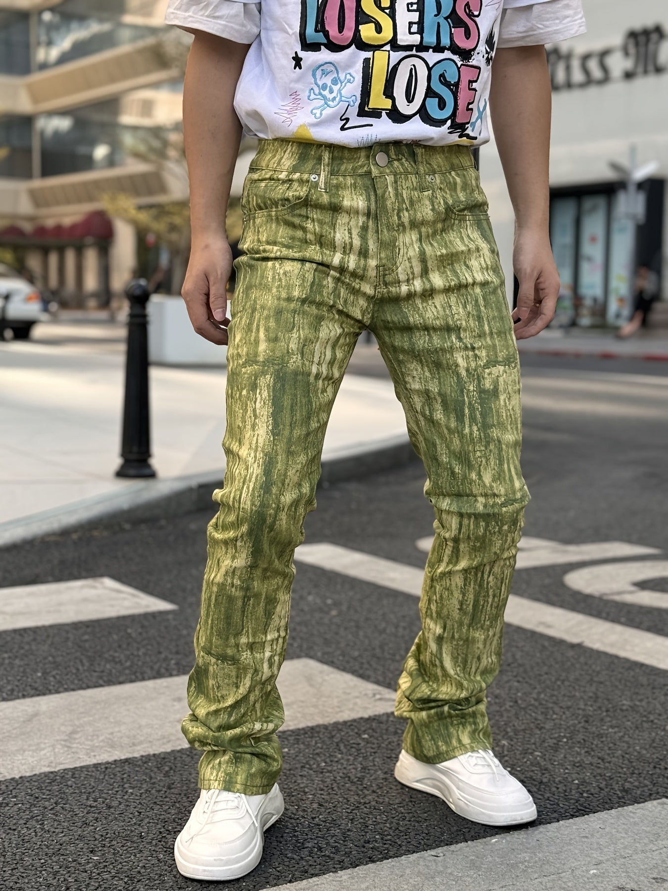 Men's Stretch Denim Flared Pants with 3D Digital Print