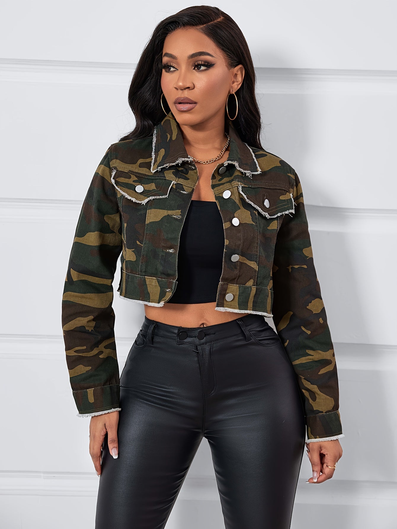 Camo Print Raw Hem Cropped Denim Coat | Long Sleeve Jeans