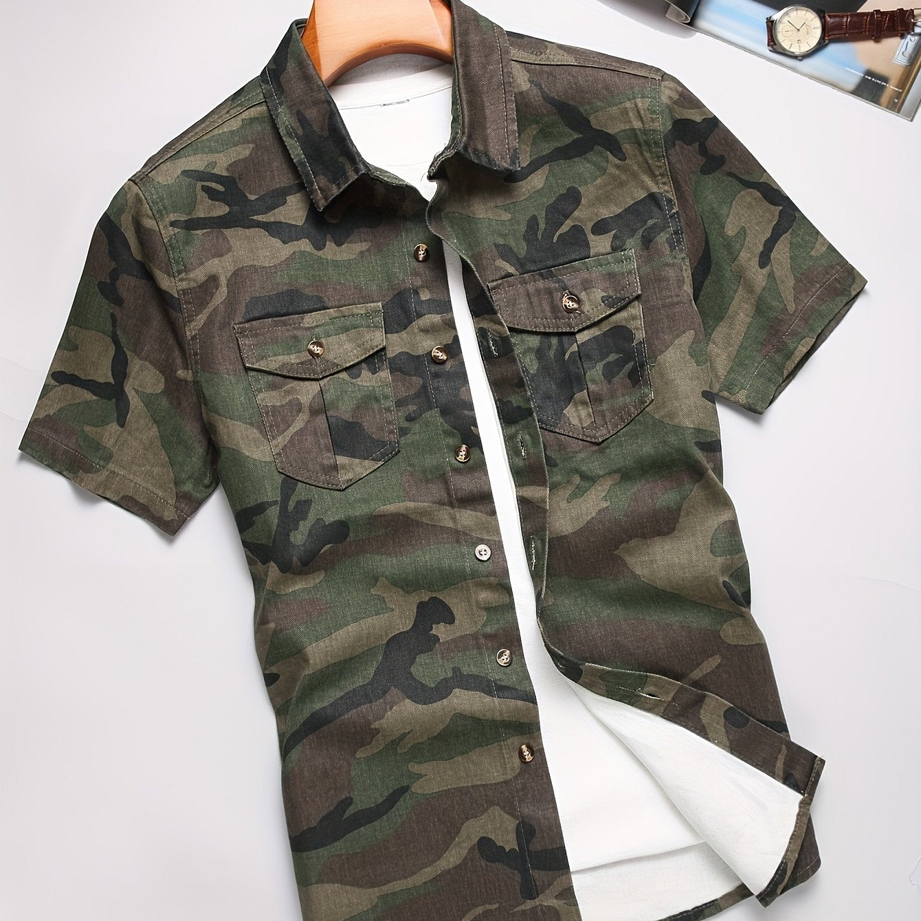 Men's Casual Camo Button Up Short Sleeve Denim Shirt