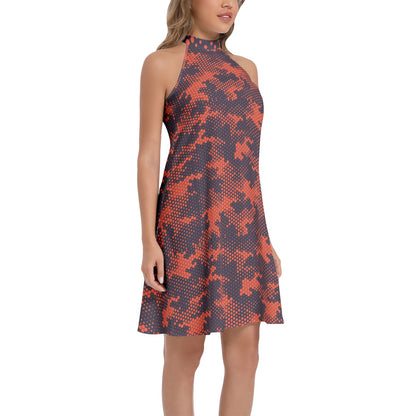 Flared Camo Dress | Halter Neck | Digital Blue and Orange