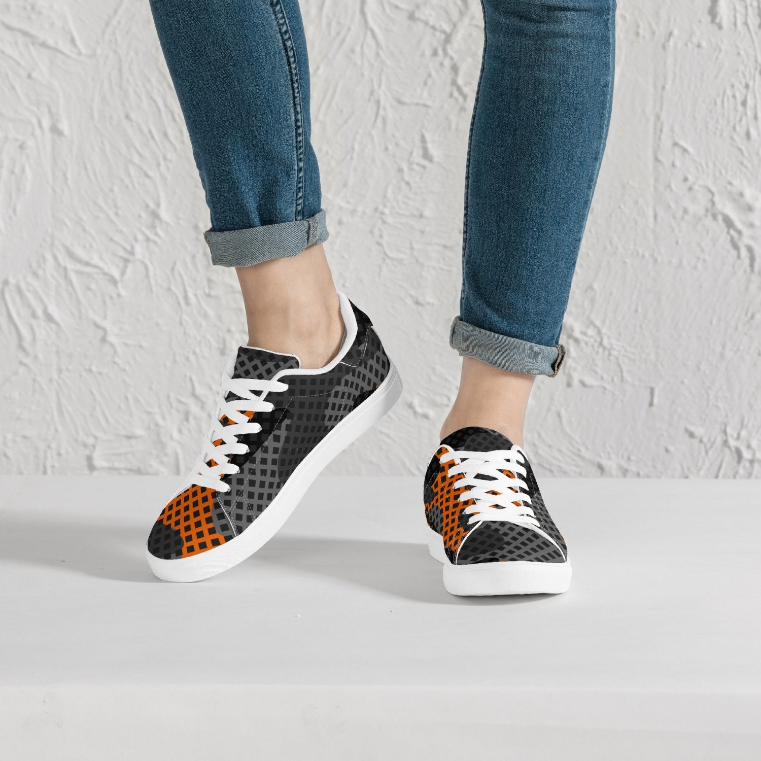 Camo Sneakers | Classic Low-Top Leather | Orange & Black Pixel