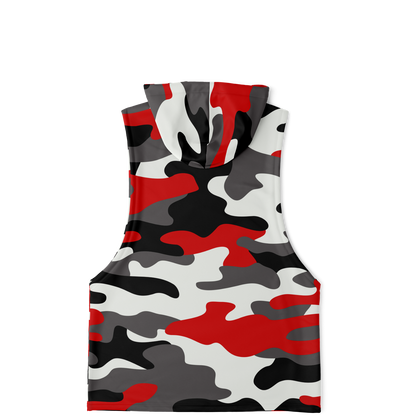 Sleeveless Hoodie | Red, Black & White Camouflage