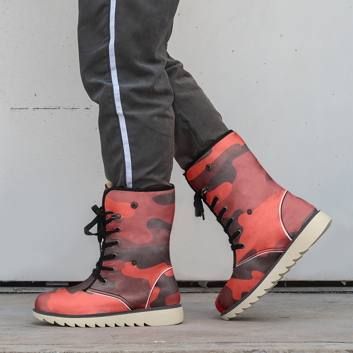 Camo Boots | Scarlet Red & Black Cotton-Pad Fur Lining