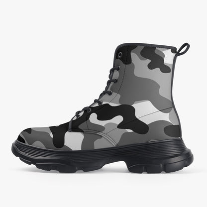 Chunky Boots | Leather in Gray, Black, & White Camouflage