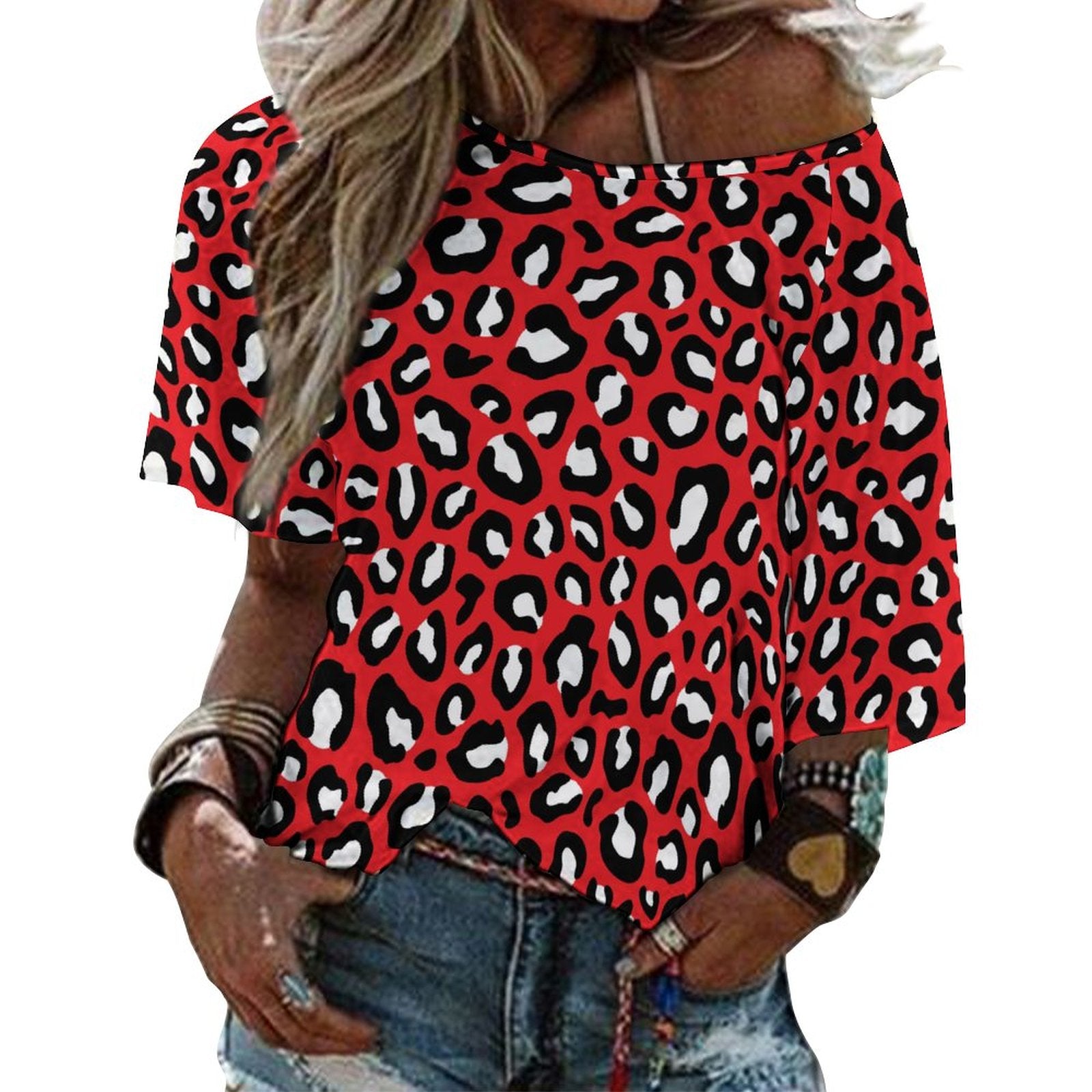 Leopard Print Shirt | Off The Shoulder Top | Red, Black and White