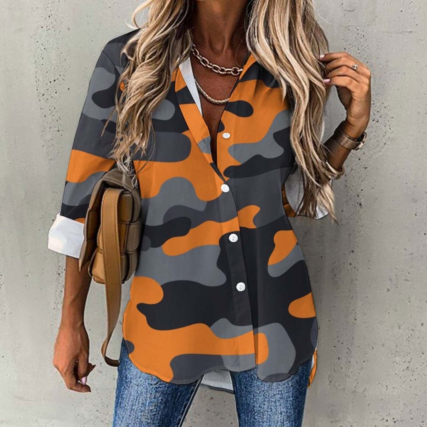 Women's Button-Up Camo Shirt | Orange, Black, & Gray