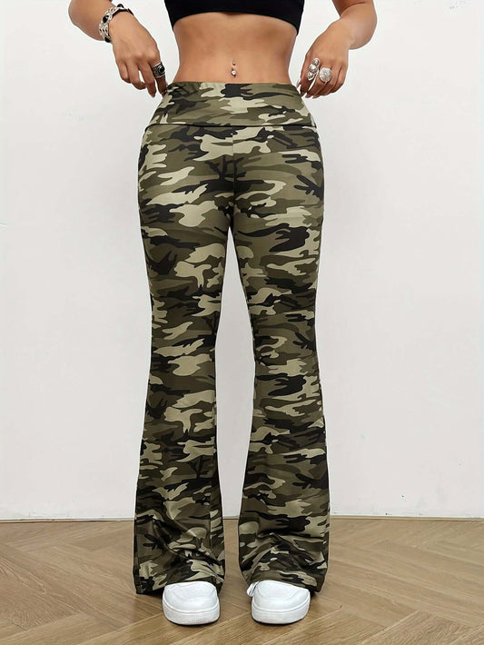 Army Green Camo Flare Leg Pants | High Waist