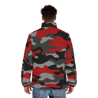 Camo Puffer Jacket For Men | Red, Black and Gray Pixel