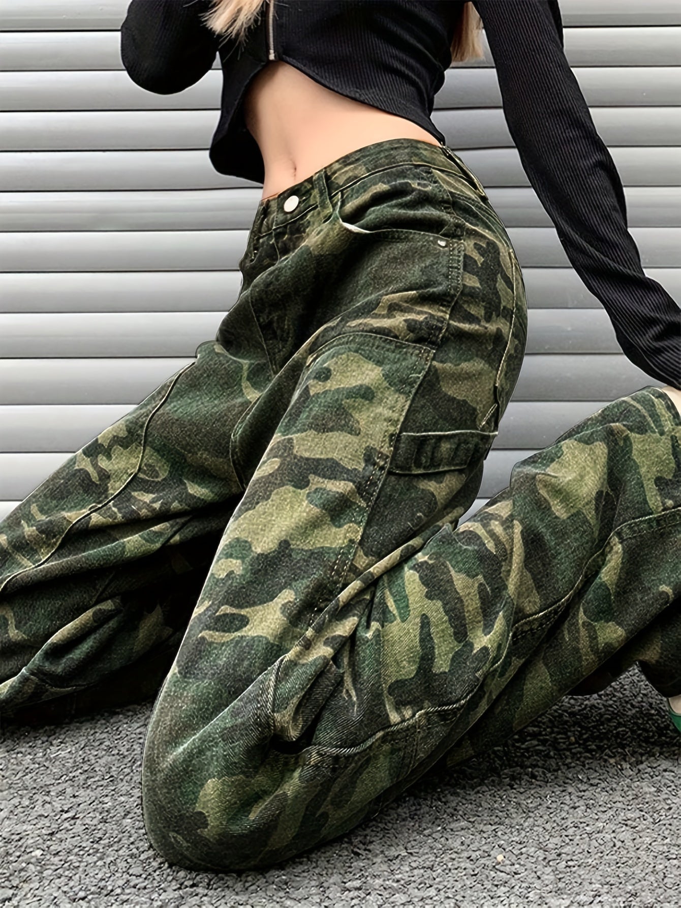 Women's Camo Print Cargo Jeans | Street Style Denim Pants