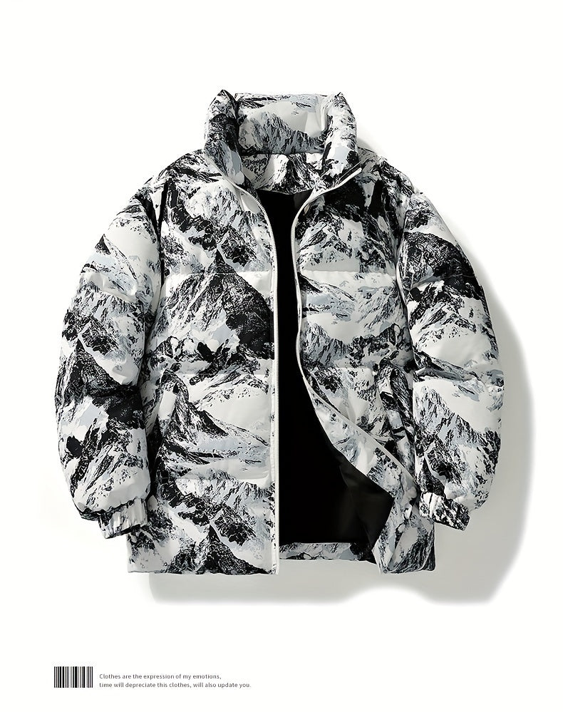 Men's Camo Hooded Puffer Jacket with Zip-Up Front