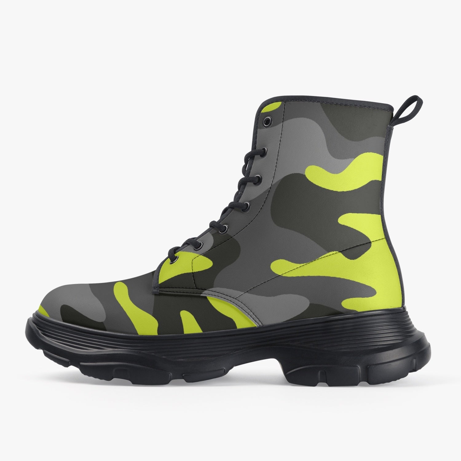 Chunky Boots | Leather in Yellow, Black, & Gray Camouflage