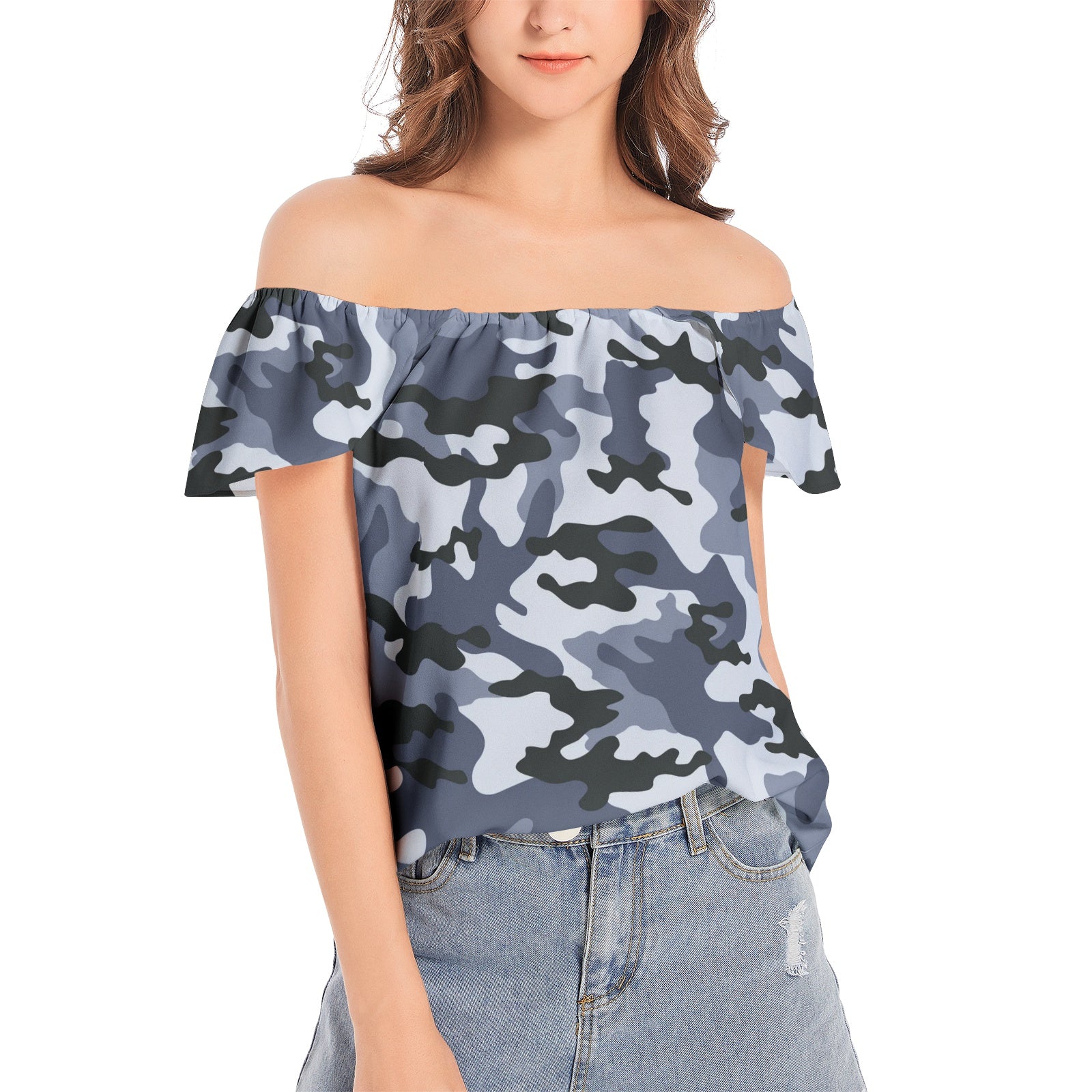 Off The Shoulder Camo Top | Light Blue Camouflage