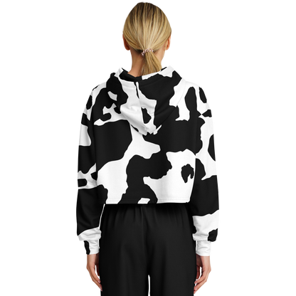 Cropped Hoodie For Women | Black & White Cow Camouflage