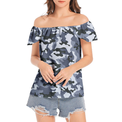 Off The Shoulder Camo Top | Light Blue Camouflage