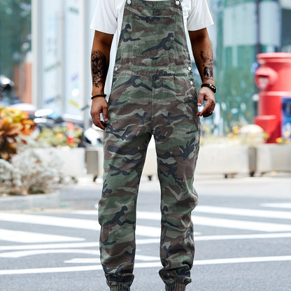 Men's Olive Green Camo Denim Bib Overalls with Pockets