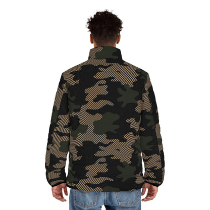 Camo Puffer Jacket For Men | Dark Jungle Green & Black