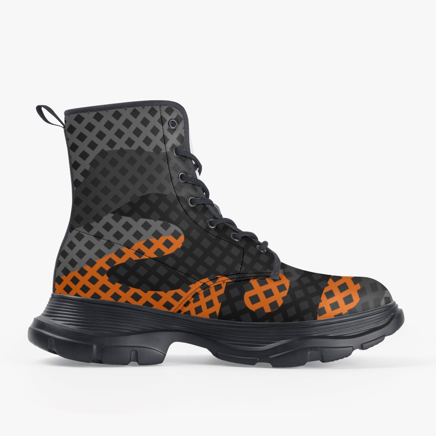 Chunky Boots | Leather in Black & Orange Pixel Camouflage