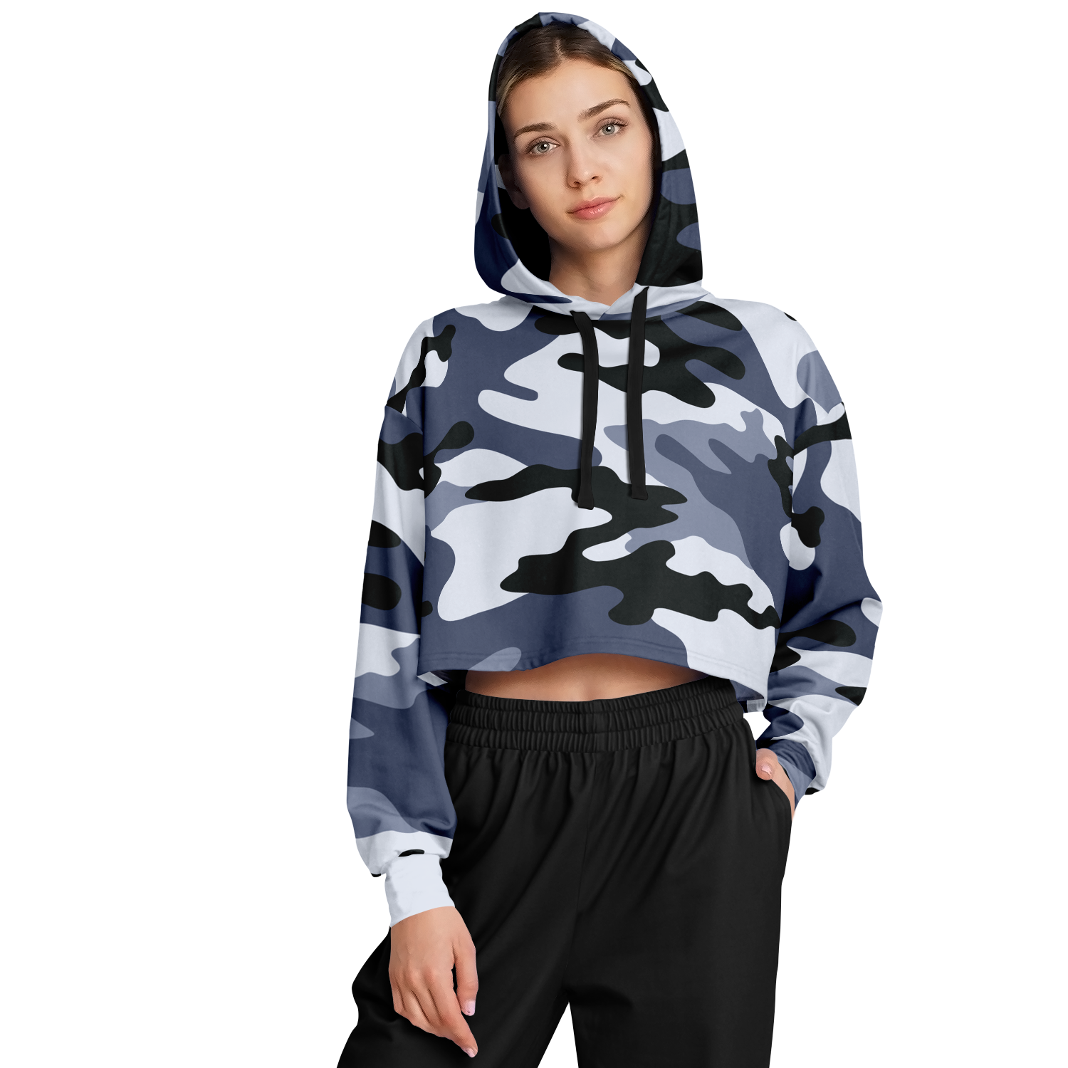 Cropped Hoodie For Women | Light Blue Camouflage