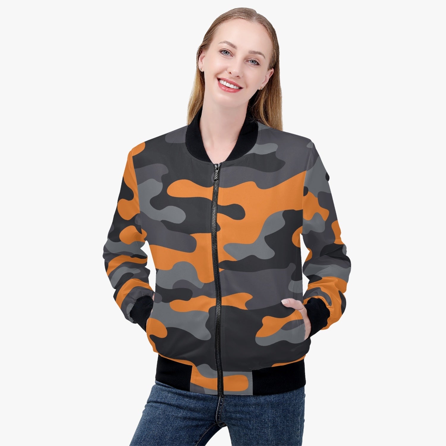 Women's Camo Bomber Jacket | Orange, Black, and Gray Camouflage