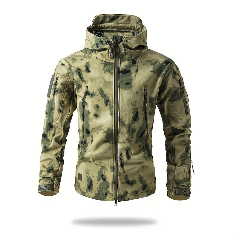 Men's Tactical Camo Windbreaker | Waterproof, Mid-Length Military Jacket with Hood