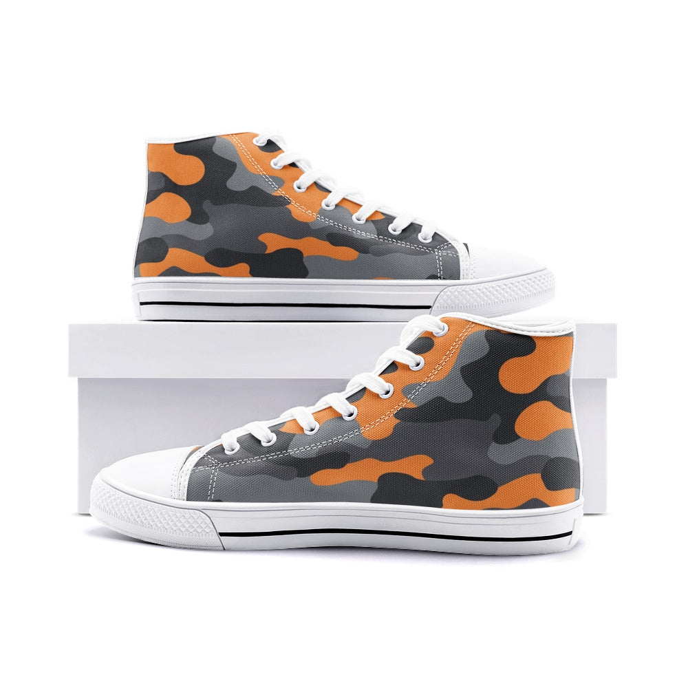 Camo Shoes | HIgh Top Canvas | Orange, Black, and Gray