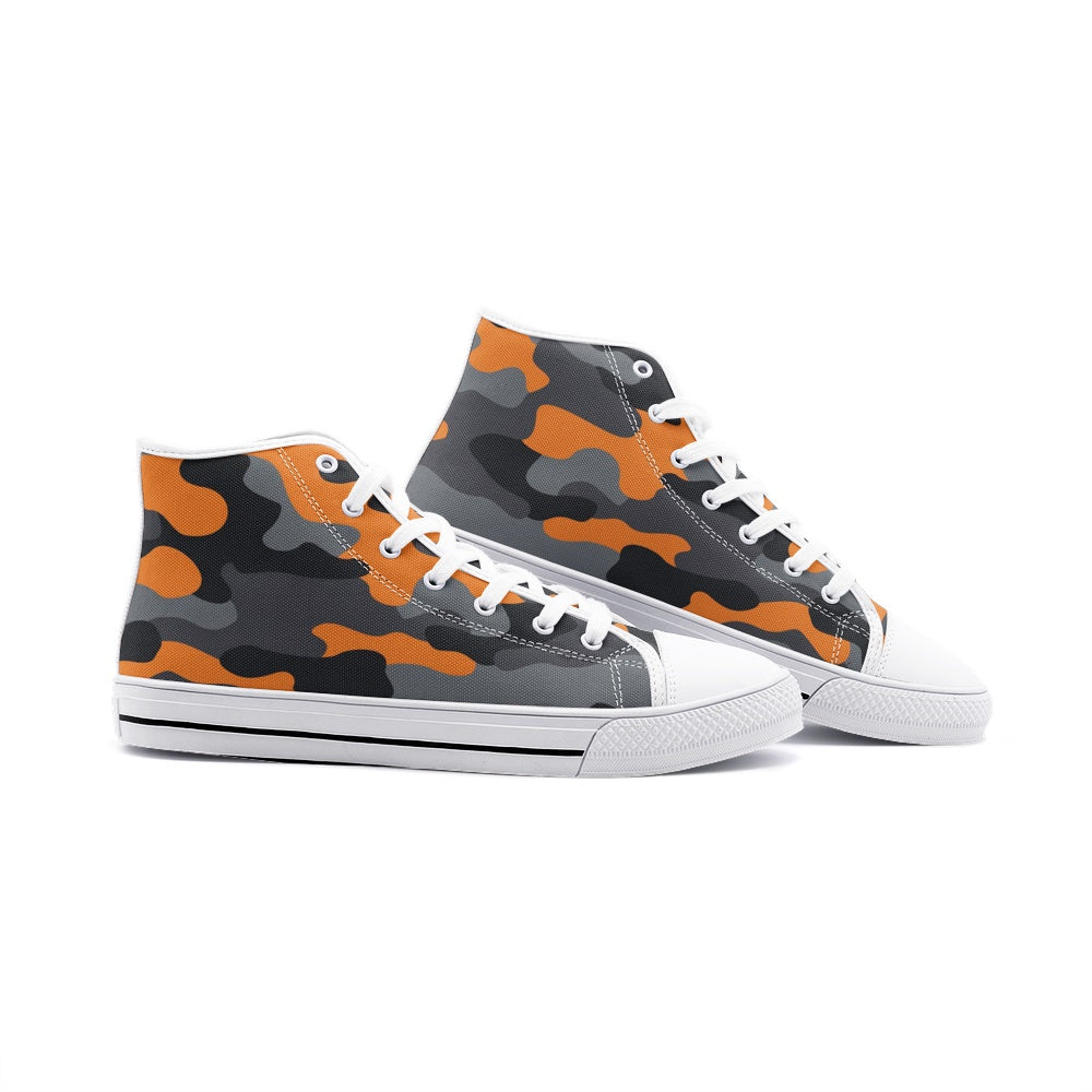 Camo Shoes | HIgh Top Canvas | Orange, Black, and Gray