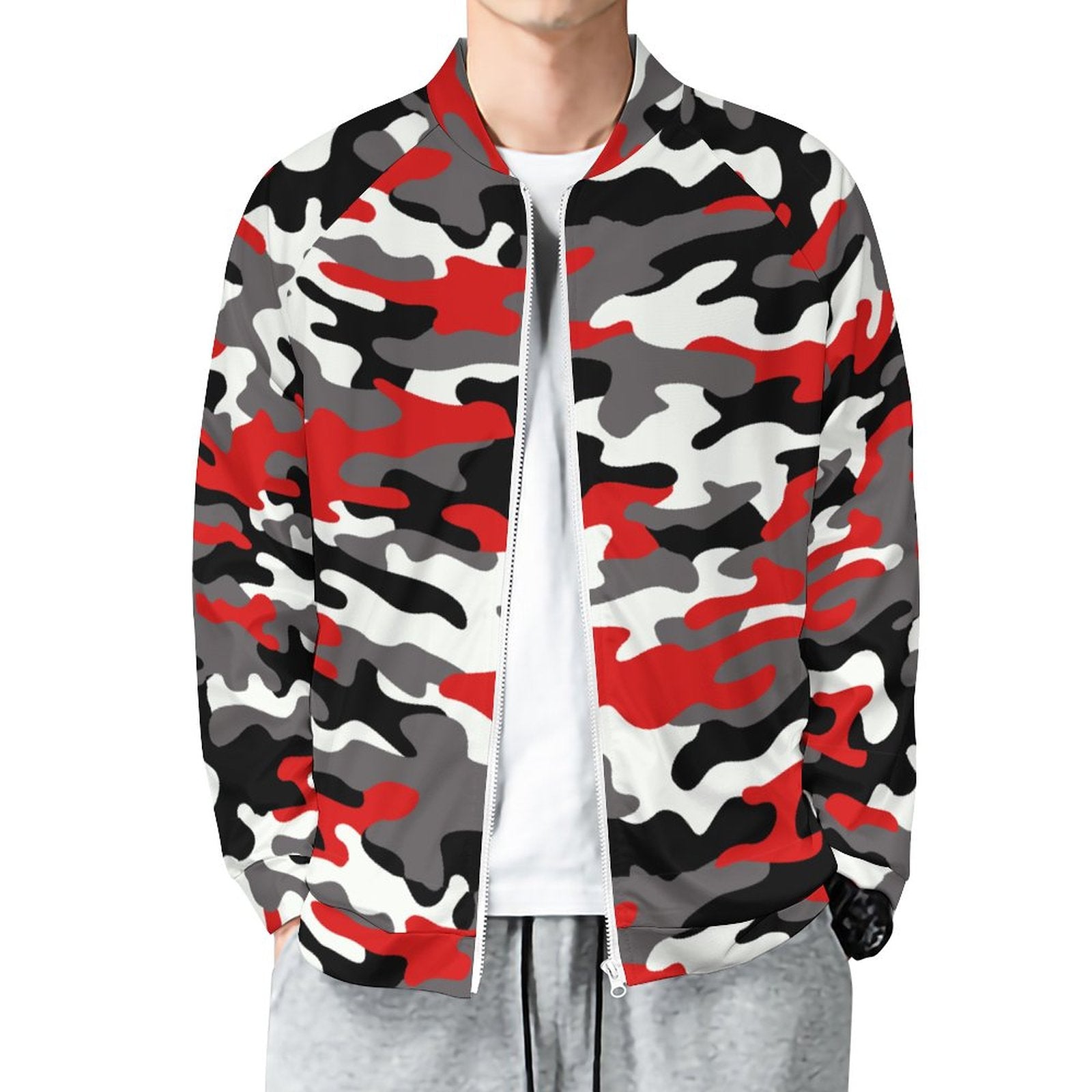 Camo Shirt | Raglan Zip-up | Red, Black, and White