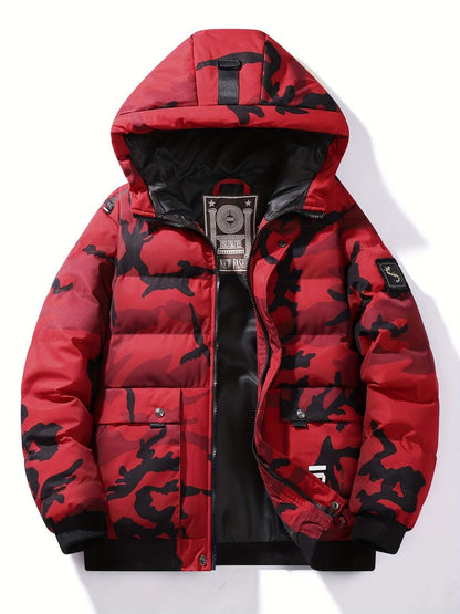 Red / Grey Men's Hooded Camo Puffer Jacket | Regular Fit