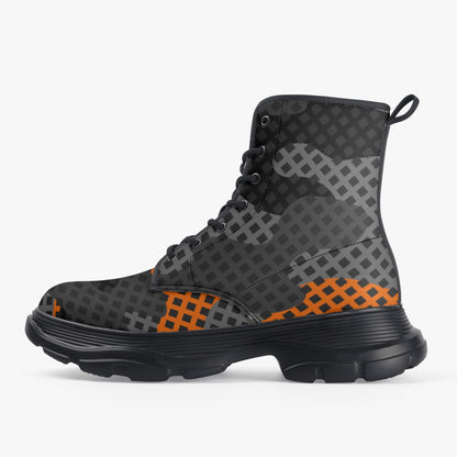 Chunky Boots | Leather in Black & Orange Pixel Camouflage