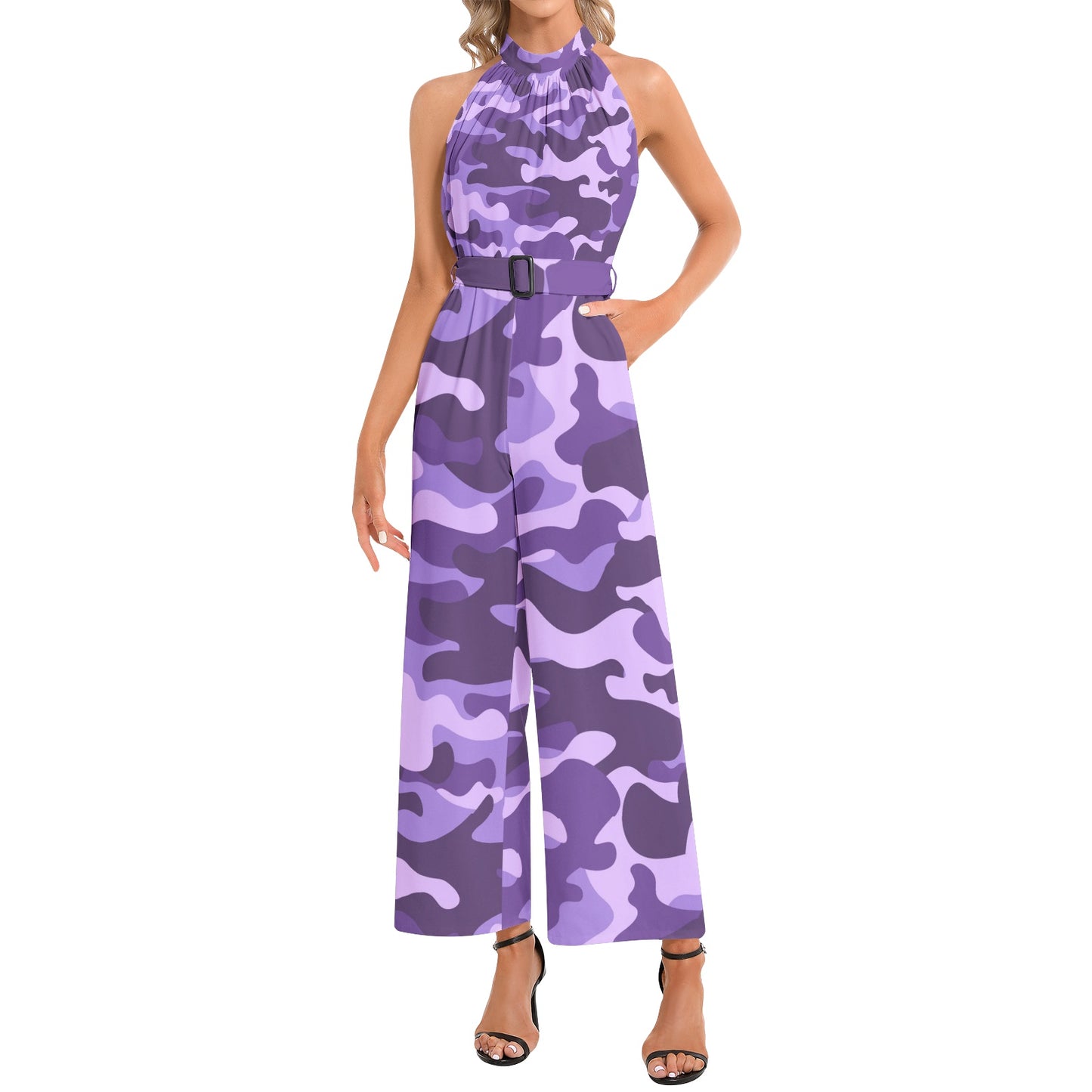 Camo Jumpsuit | Belted Halter Neck | Purple, Blue and Mauve