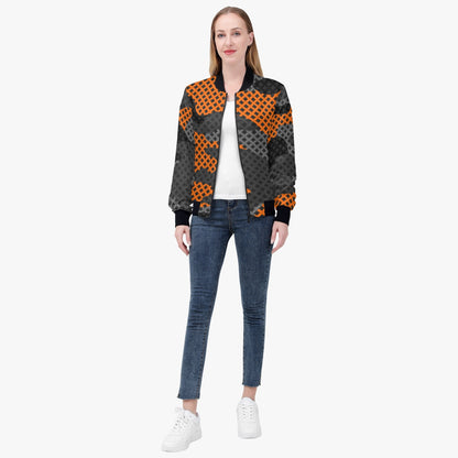 Women's Camo Bomber Jacket | Black & Orange Pixel Camouflage