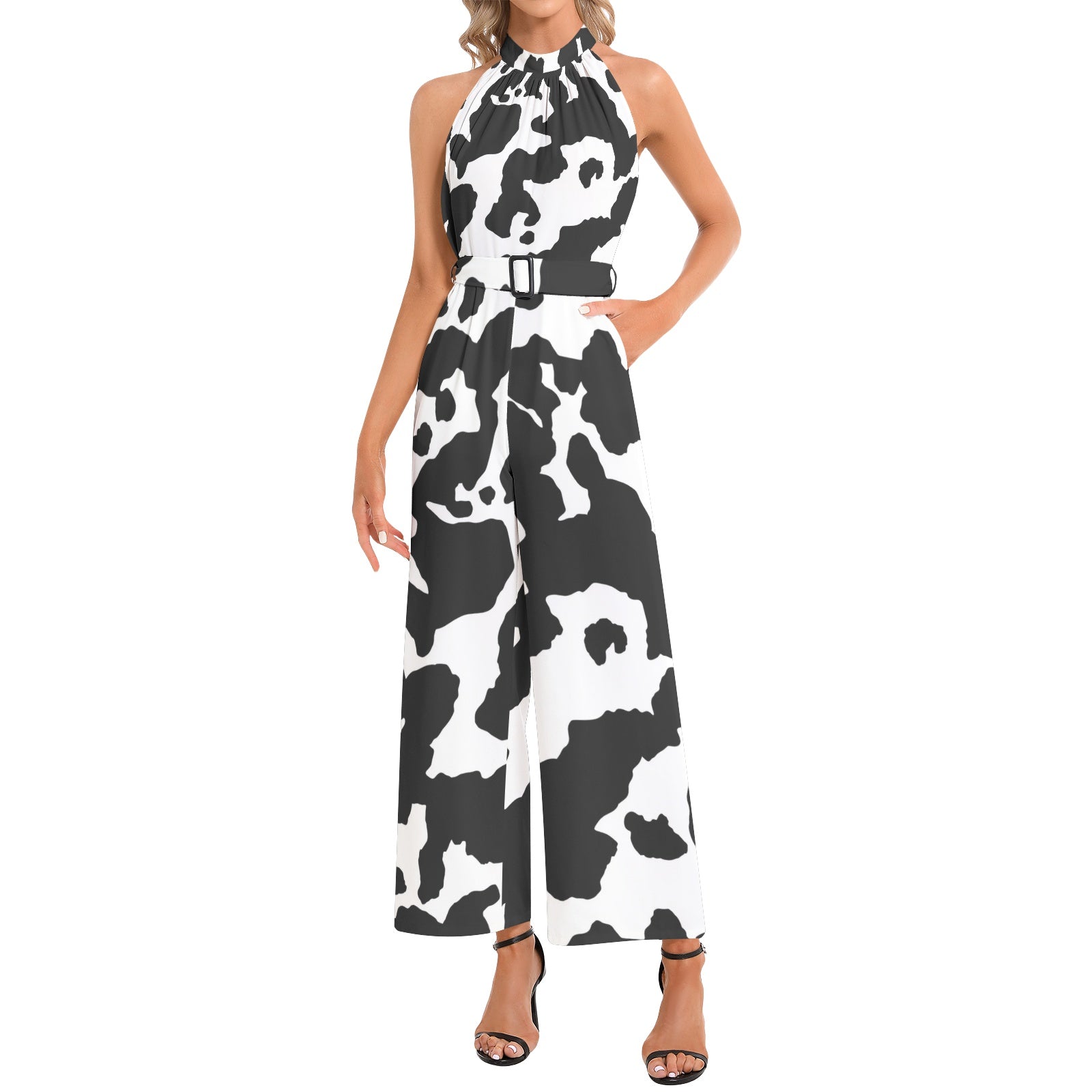 Camo Jumpsuit | Belted Halter Neck | Black & White Cow Print