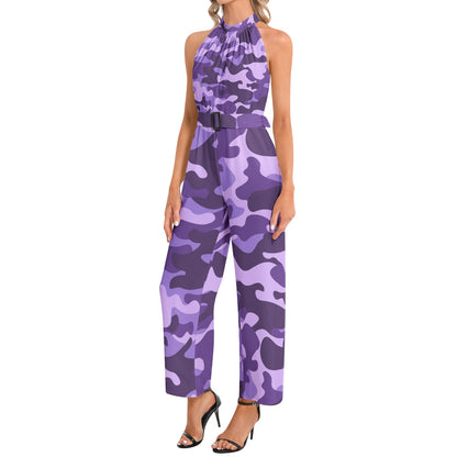 Camo Jumpsuit | Belted Halter Neck | Purple, Blue and Mauve