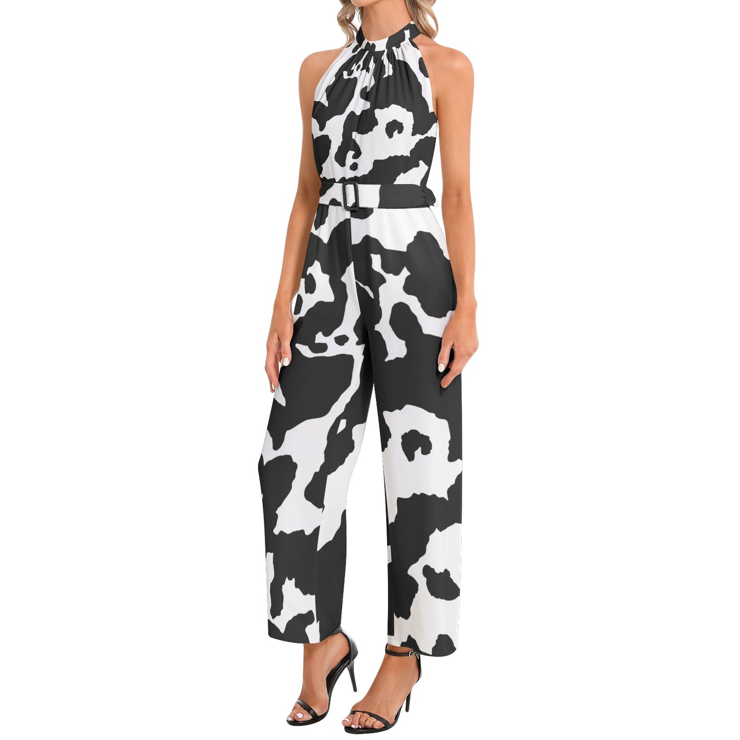 Camo Jumpsuit | Belted Halter Neck | Black & White Cow Print