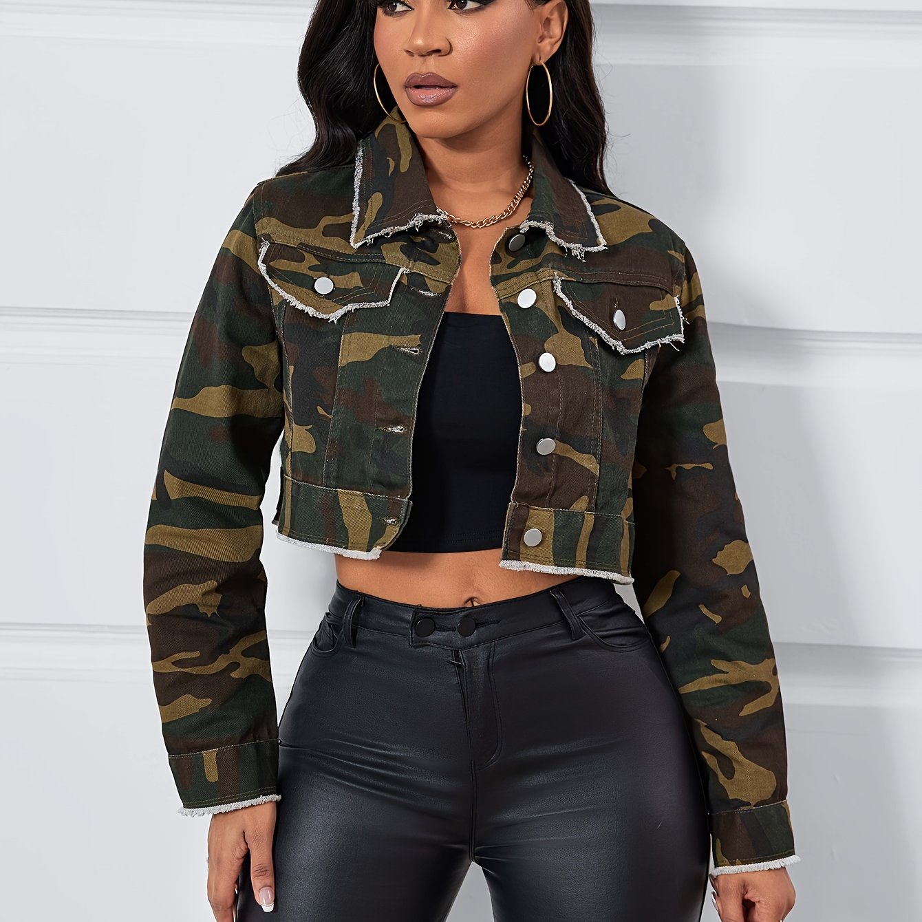 Camo Print Raw Hem Cropped Denim Coat | Long Sleeve Jeans