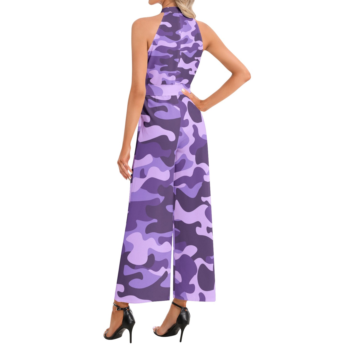 Camo Jumpsuit | Belted Halter Neck | Purple, Blue and Mauve