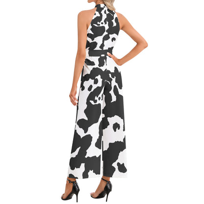 Camo Jumpsuit | Belted Halter Neck | Black & White Cow Print