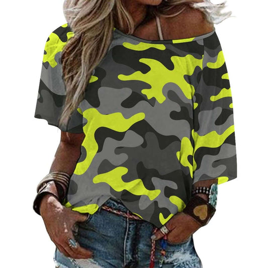 Off The Shoulder Top | Black, Gray & Yellow Camo Shirt