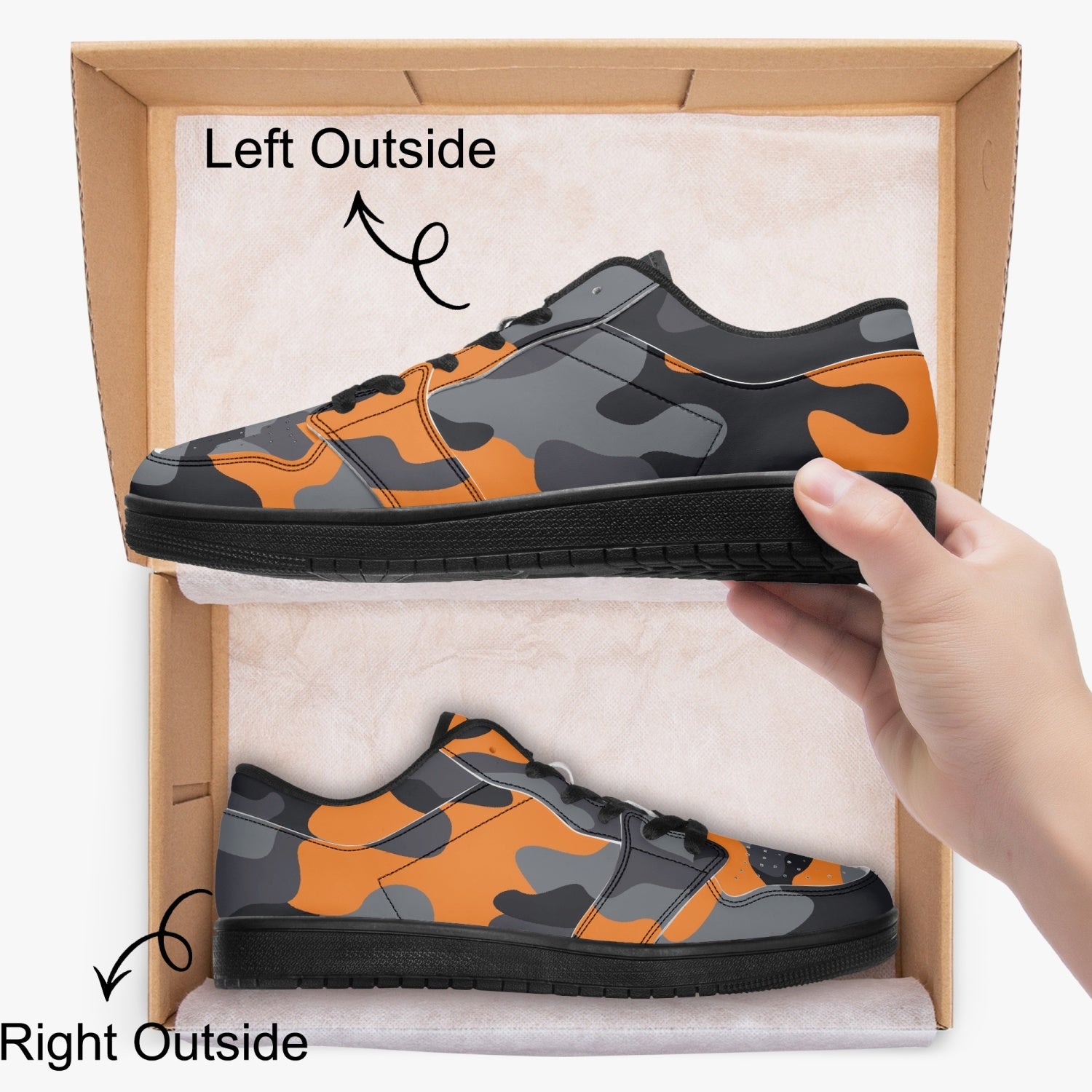 Camo Sneakers | Orange-Black Low-Top Leather Camouflage Shoes