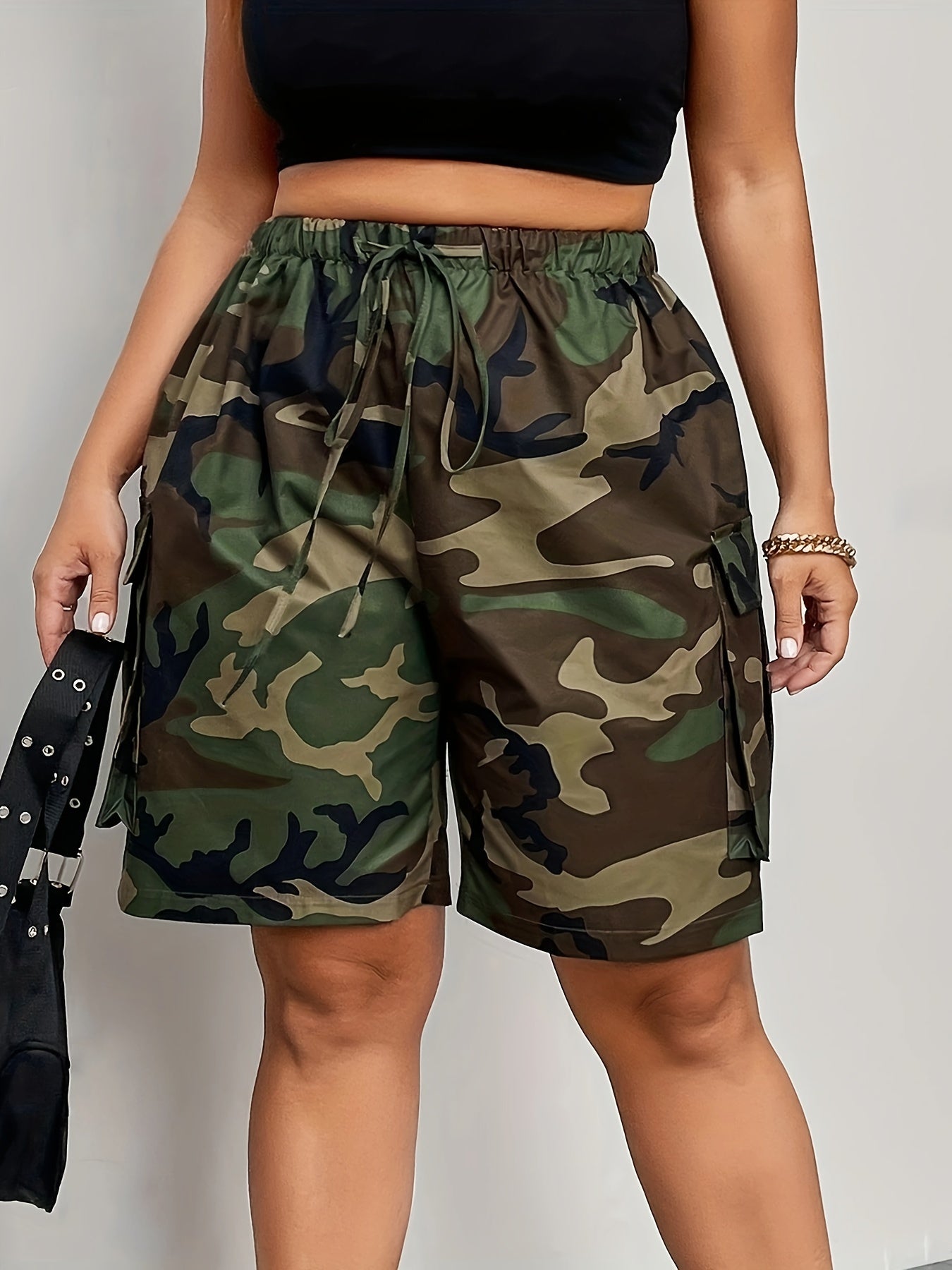 Women's Plus Size Camo Shorts: Elastic Waist, Non-Stretch Polyester