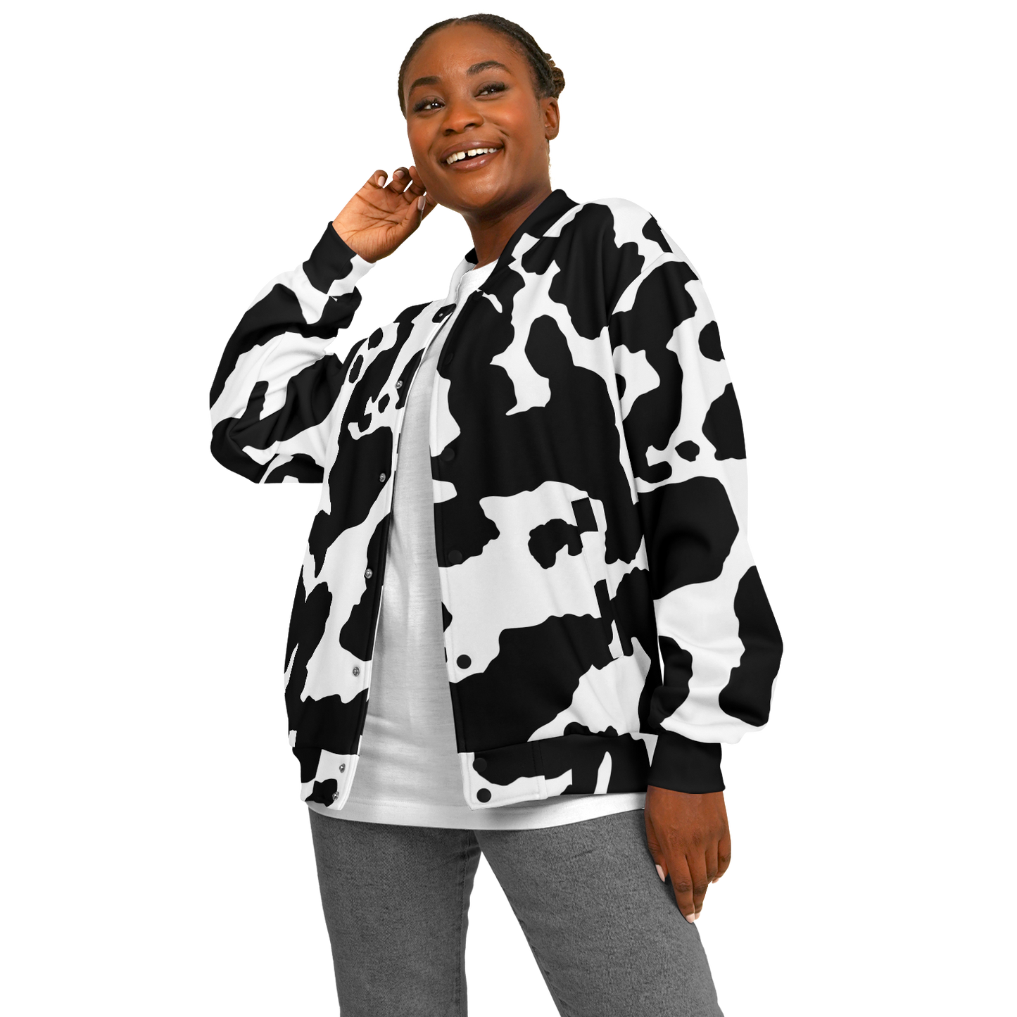 Baseball Jacket in Black & White Cow Print | Unisex