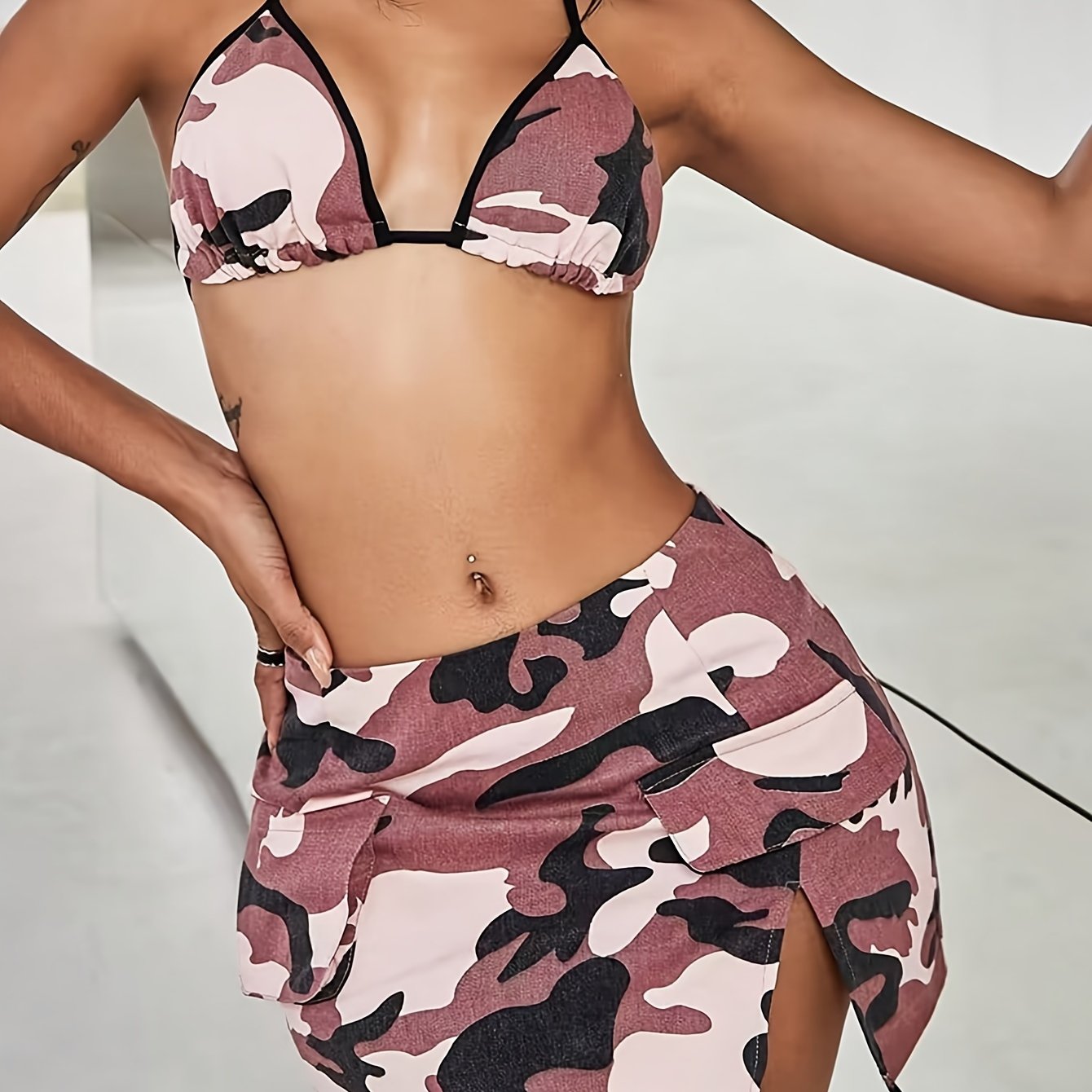 Women's Camo Denim 2 Piece Set | Top & Split Side Bodycon Mini Skirt