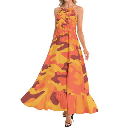 Camo Maxi Dress | Orange and Red Camouflage | Ruffle Hem