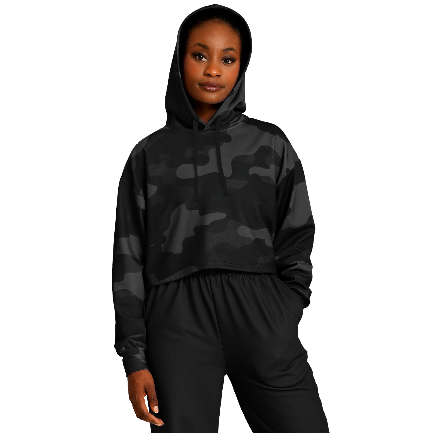 Cropped Hoodie For Women | Black Camouflage