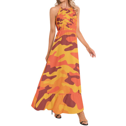 Camo Maxi Dress | Orange and Red Camouflage | Ruffle Hem