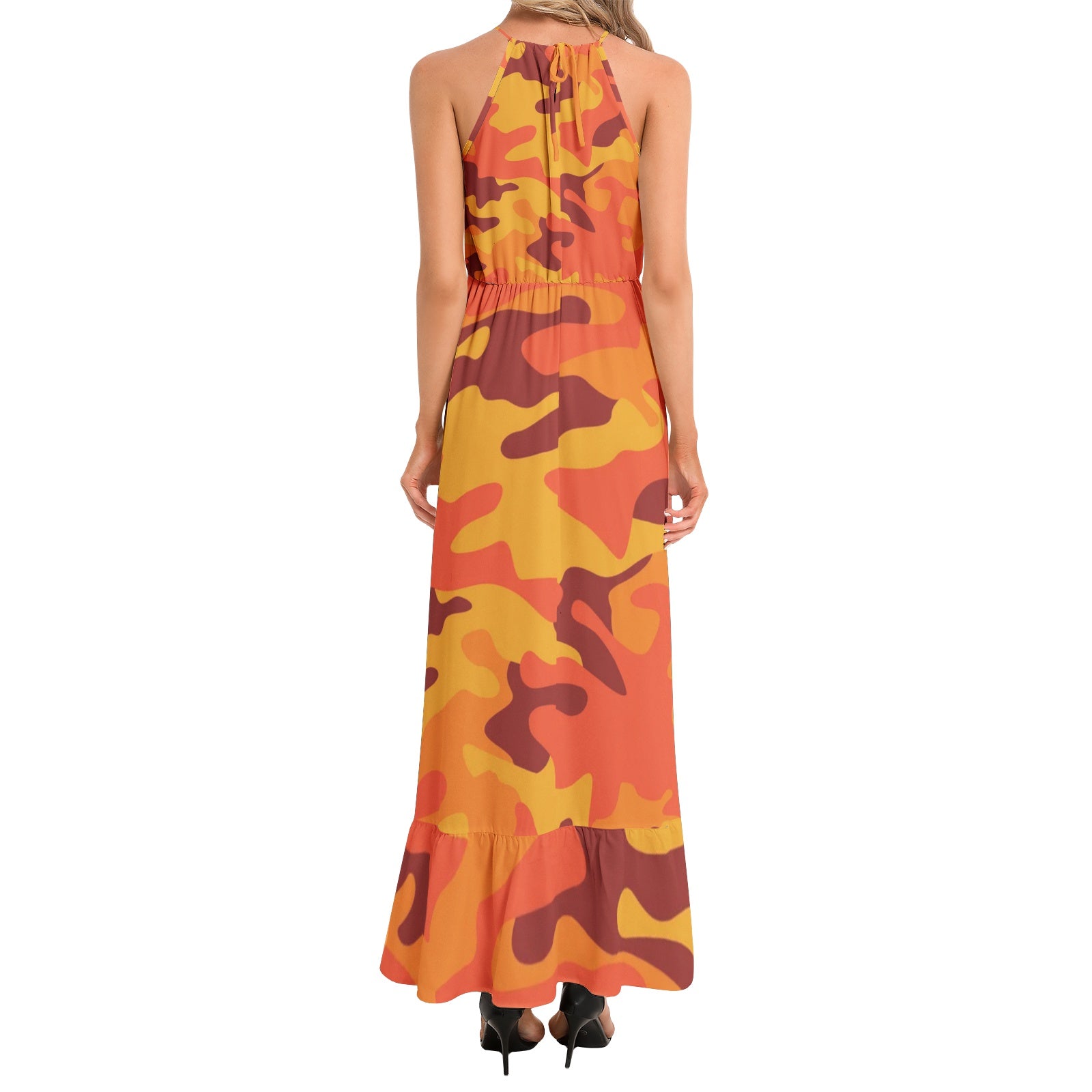 Camo Maxi Dress | Orange and Red Camouflage | Ruffle Hem