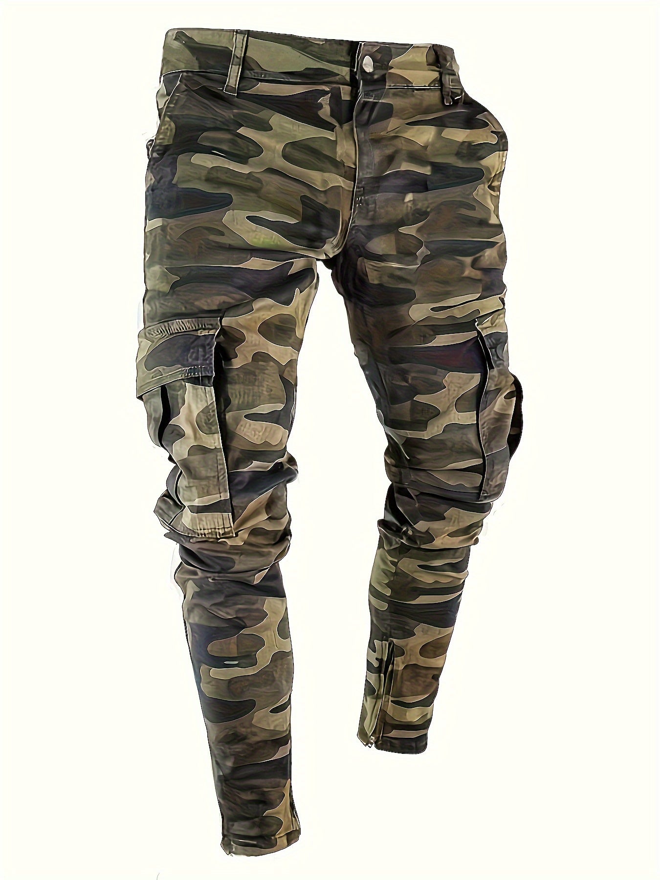 Men's Slim Fit Green Camo Jeans | Casual Denim with Multi-Pocket